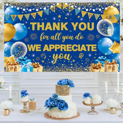 Vlipoeasn We Appreciate You Banner Decorations, Blue Gold Thank You for All You Do Backdrop Banner Honeycomb Centerpieces, Retirement Office Decor Staff Teachers Professors Doctor Nurses Appreciation