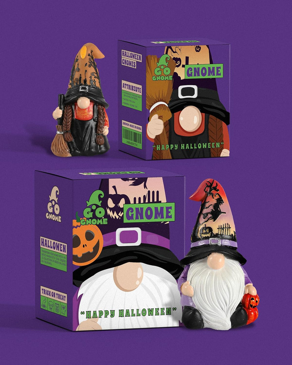 Regine Halloween Gnomes & Witch Figurines - 2-Pack Illuminated Fall Gnome Ornaments - 4.5'' Resin Indoor Decor