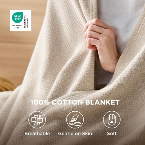 Bedsure GentleSoft 100% Cotton Blanket - Breathable, Lightweight Herringbone Design, Linen Beige, 90x90 Inches