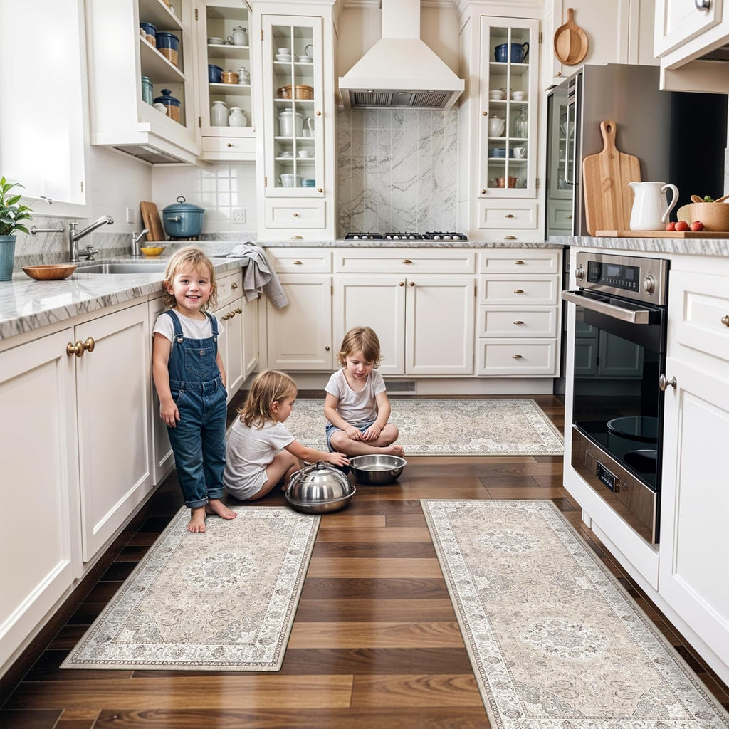Skiennix Kitchen Rug Set - Washable Water-Resistant Soft Mats with Non-Slip Backing | Beige, 4-Piece Collection