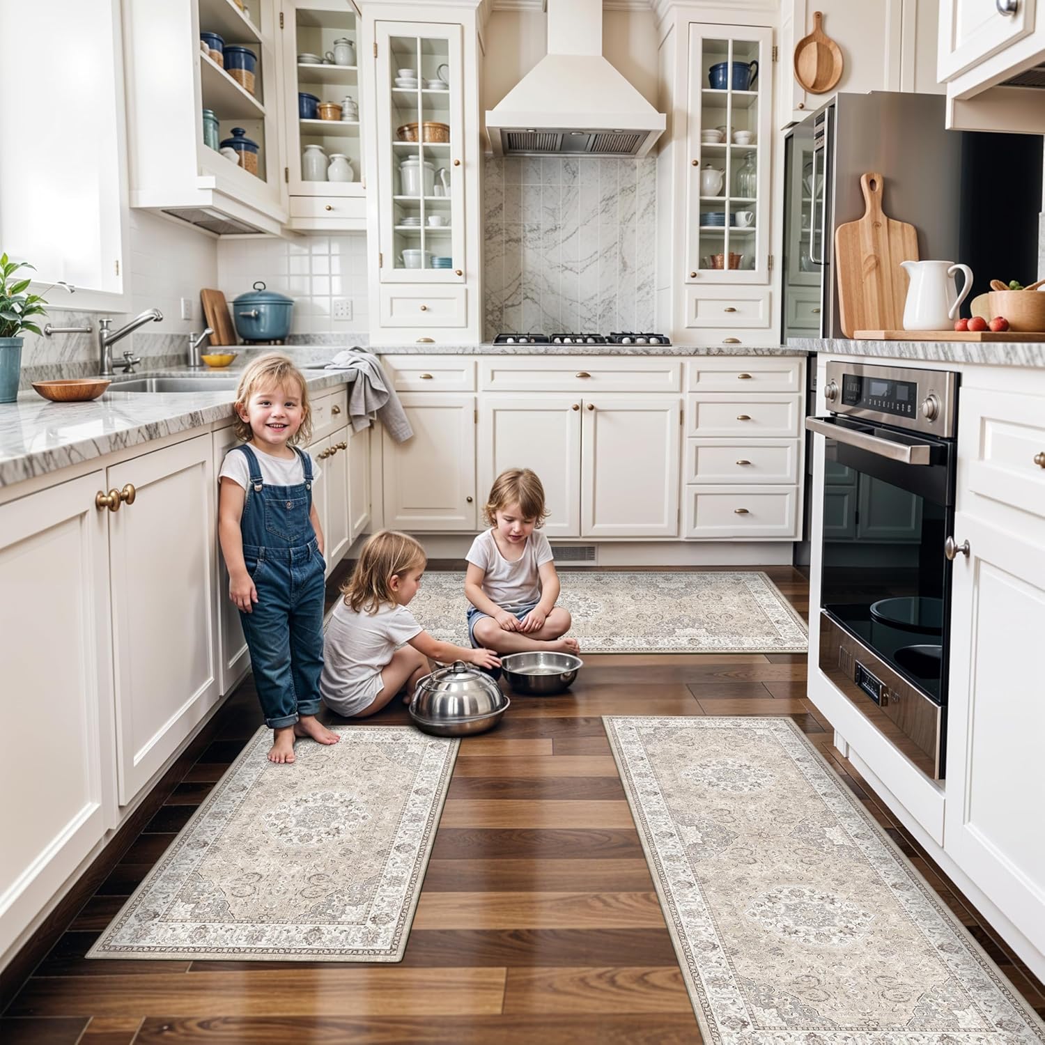 Skiennix Kitchen Rug Set - Washable Water-Resistant Soft Mats with Non-Slip Backing | Beige, 4-Piece Collection