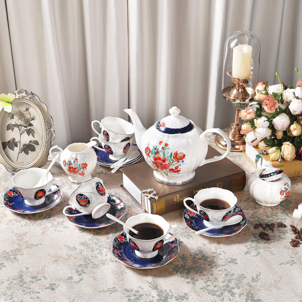 fanquare 21 Piece Old Victorian Porcelain Tea Set for 6, Royal British Floral Tea Cup Set for Women, Wedding Tea Party Set for Adults