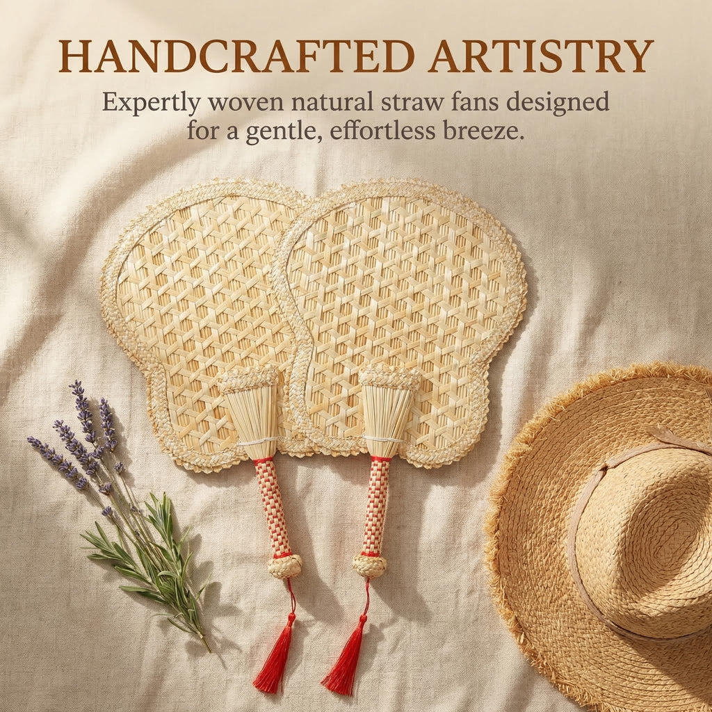 Goaste 2 Packs Hand Woven Fan, Handheld Wheat Straw Fans, Rustic Chinese Manual Fan for Summer Cooling, Wedding Palm, Home Decoration, DIY Decoration, Elderly Travel Supplies, Personal Use Gift