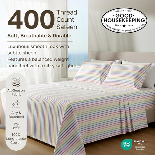 California Design Den Queen Size Cotton Sheet Set - 100% Soft Cotton, 400 TC, Award-Winning Sateen Finish, Deep Pockets - Rainbow Stripe