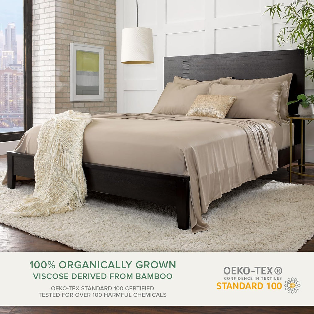 Pure Bamboo Full Bed Sheet Set - Luxuriously Soft & Cooling 100% Organic Viscose | Double Stitching, Sand Color