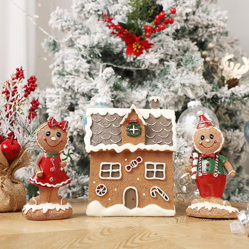 Lulu Home Christmas Tabletop Decorations, Resin Gingerbread House and 2 Gingerbread Men Figurines Adorn with Candy Cane Wreath for Indoor Holiday Fireplace Shelf Ornaments Display