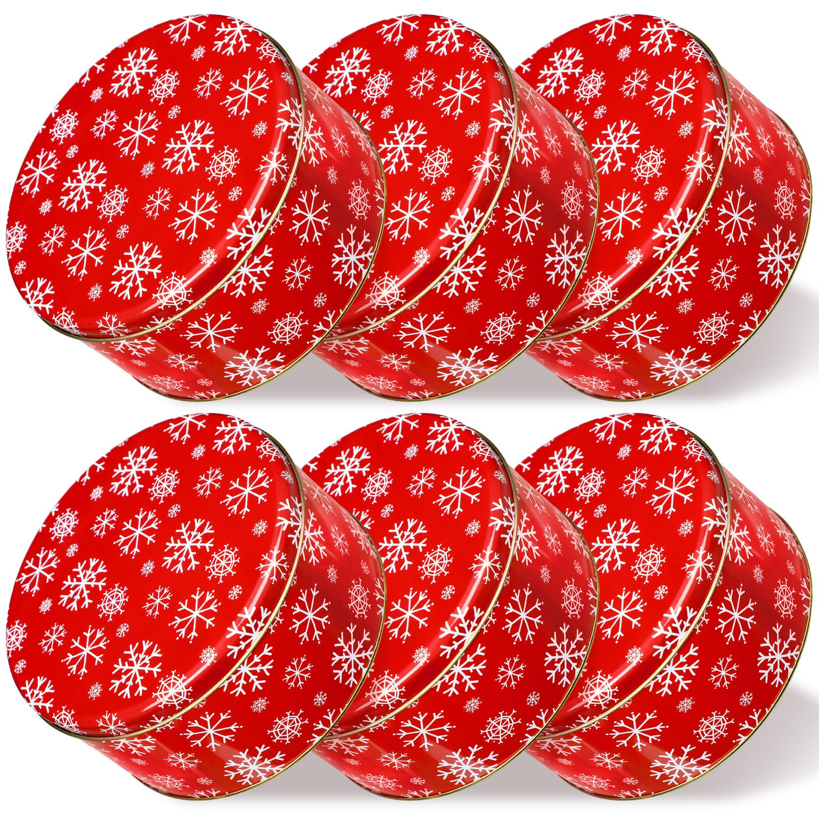 Suttmin 6 Pcs Christmas Cookie Tins with Lids 7 Inch Round Metal Snowflake Container Xmas Cookie Boxes Empty Holiday Decorative Tins for Gift Giving Baking Chocolate Snack Storage