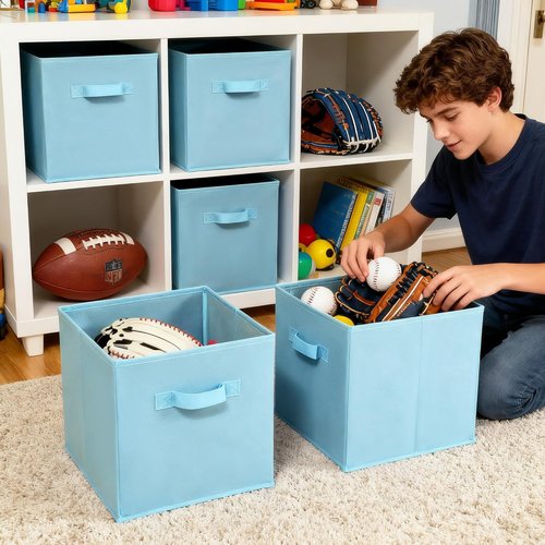 Granny Says Cube Storage Organizer - 11 Inch Foldable Storage Bins with Handles | Light Blue, 6 Pack for Kids' Rooms