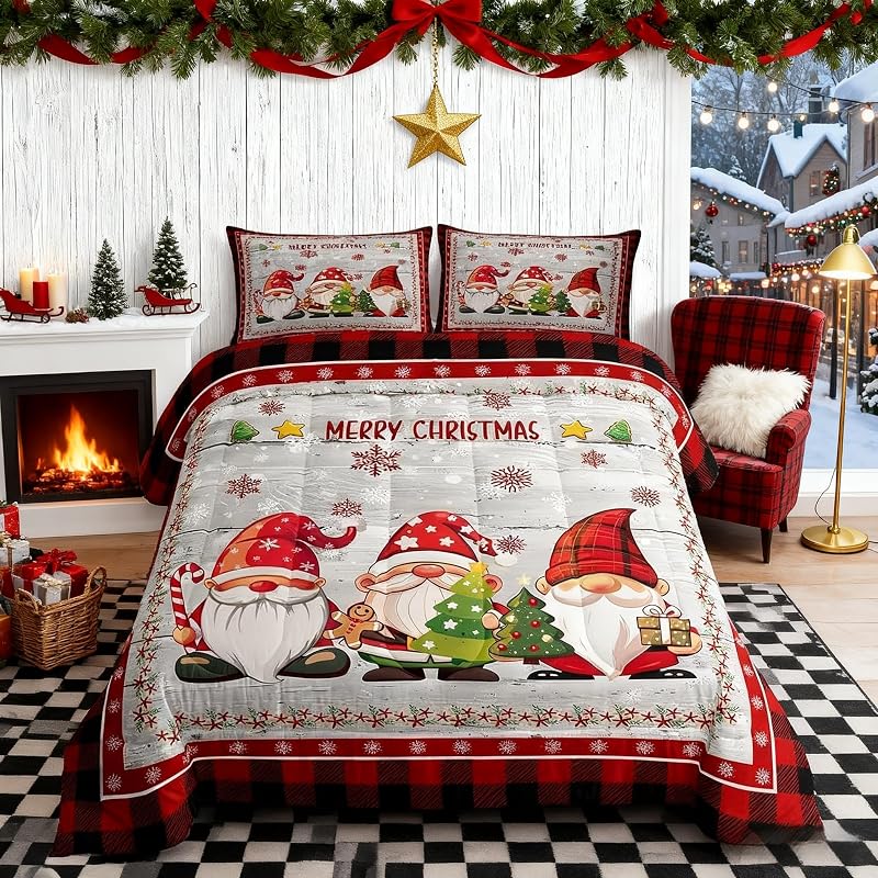 Multi 06 Twin Comforter Set - Merry Christmas Gnomes Snowflake Bedding, 68x90 Twin