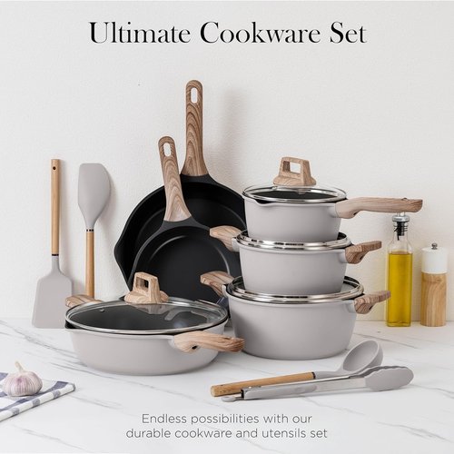 Country Kitchen Nonstick Pots and Pans Set - 14-Piece Cast Aluminum Cookware in Grey with Utensils
