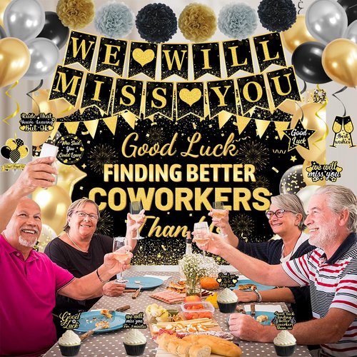 DARUNAXY Black Gold Coworker Farewell Decorations, Good Luck Finding Better Coworkers Than Us Banner We Will Miss You Decor Hanging Swirls Cake Topper for Going Away Goodbye Leaving Party Supplies