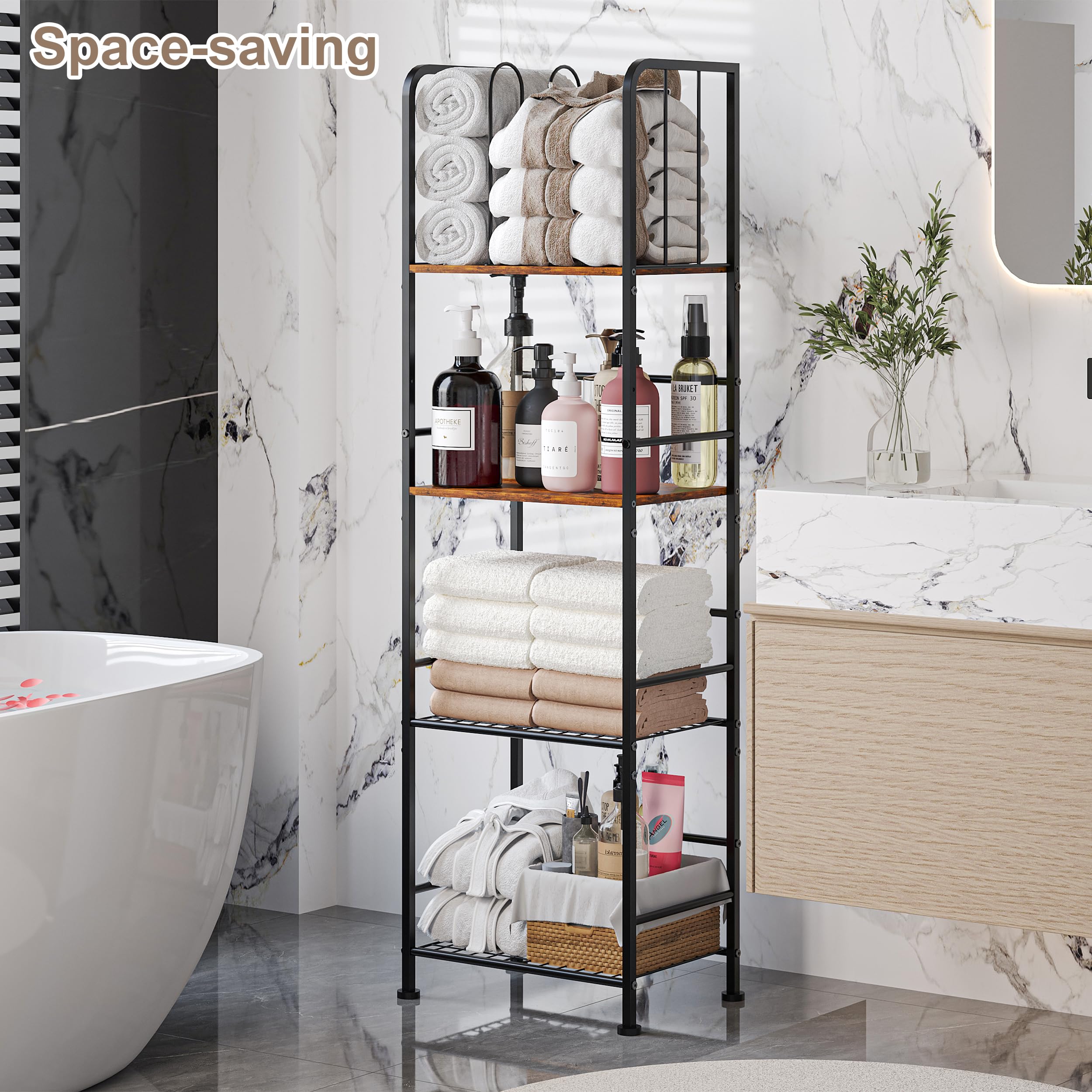Towel Rack Free Standing 4-Tier M-Shaped Detachable Dividers, Durable Metal Towel Holder, Pool Items Holder, Space-Saving Storage Organizer, Modern Bath Towel Shelf for Bathroom Patent Pending