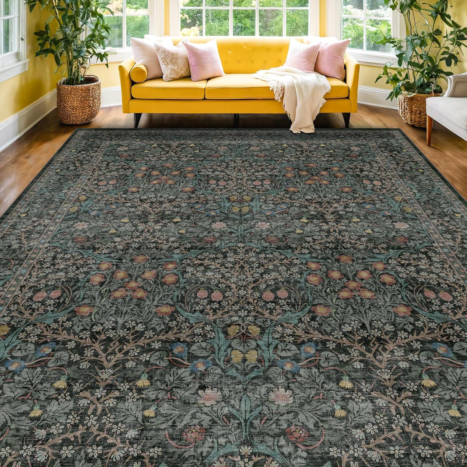Skiennix Vintage Dark Green Area Rug - Washable 8x10 Oriental Carpet for Living Room & Dining Room