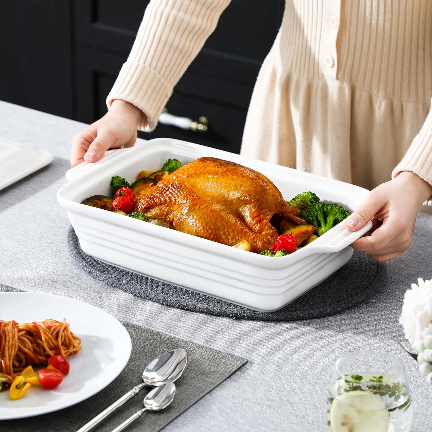 MALACASA Casserole Dish - 4.4 Qt Porcelain Baking Dish with Lid & Handles | Microwave Safe, White