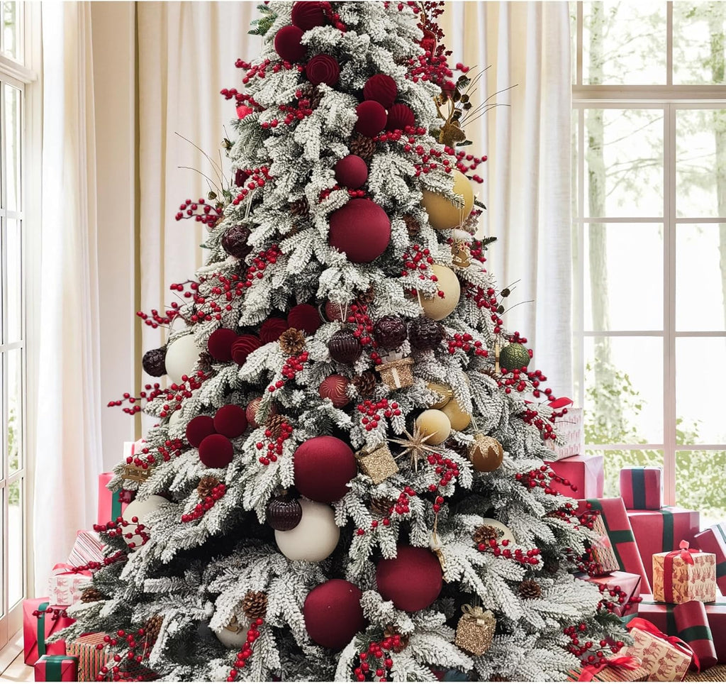 Red Velvet Flocked Christmas Ornaments by [Brand Name] - 15PCS Shatterproof Matte Balls for Elegant Holiday Decor | 3.15” Burgundy Red