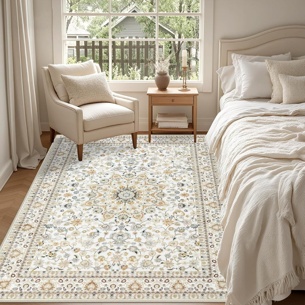 Skiennix 5x7 Area Rug - Washable Vintage Boho Design | Soft, Stain-Resistant Carpet for Living Room, Bedroom, and Office - Beige