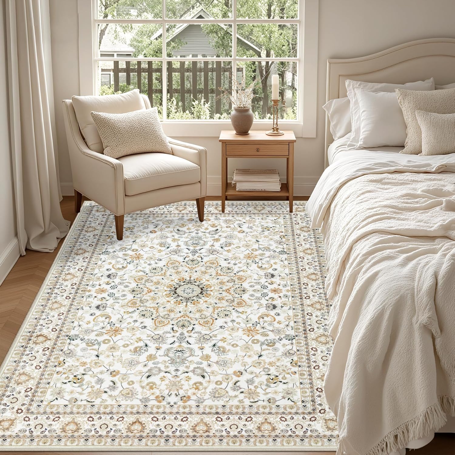 Skiennix 5x7 Area Rug - Washable Vintage Boho Design | Soft, Stain-Resistant Carpet for Living Room, Bedroom, and Office - Beige
