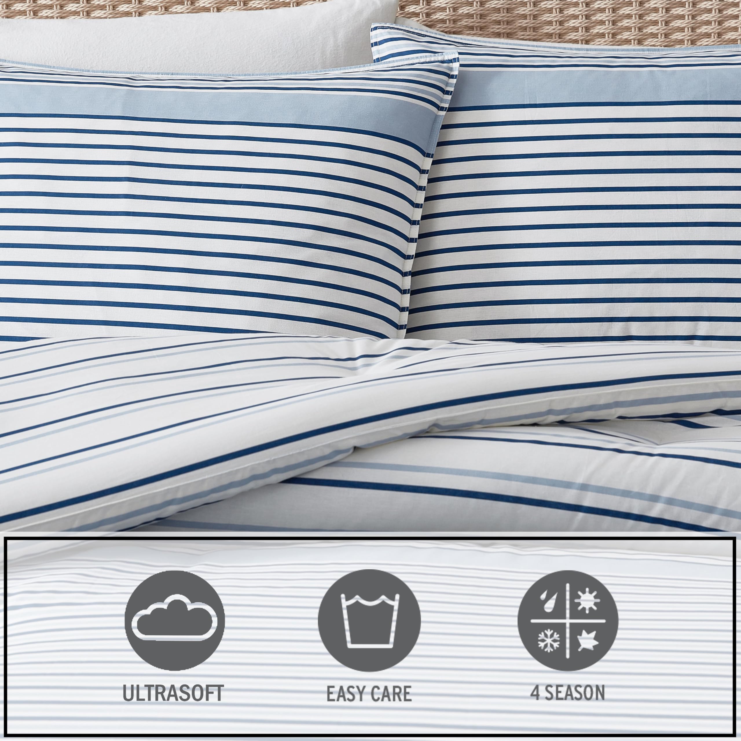 Eddie Bauer - King Duvet Cover Set, Luxuriously Soft Bedding with Matching Shams, Buttons & Corner Ties to Ensure Placement (Cooper Stripe Blue, King)