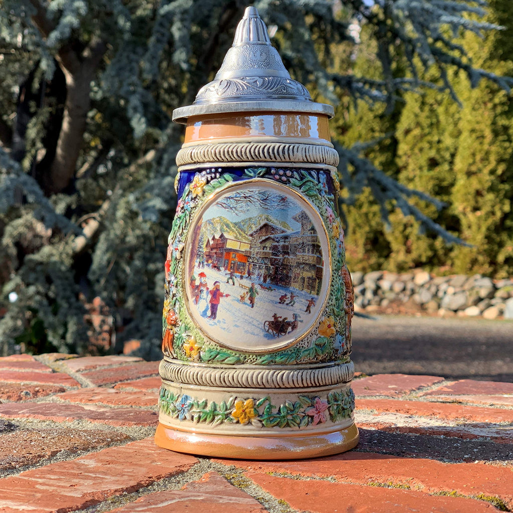 0.55 Liter OktoberfestHaus (Winter) In Germany Beer Stein With Lid - German Gifts for Men, Collectible Steins, Mugs for Beer Lover Gift Idea