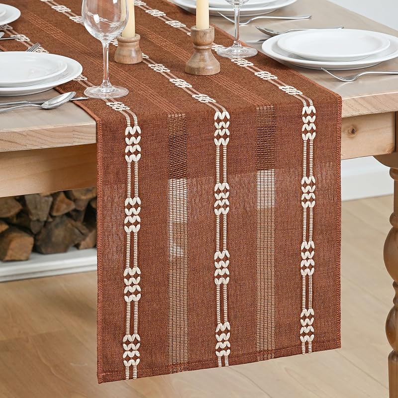 Caramel Farmhouse Embroidered Table Runner 13x60 Inch - Seasonal Fall Kitchen Decor