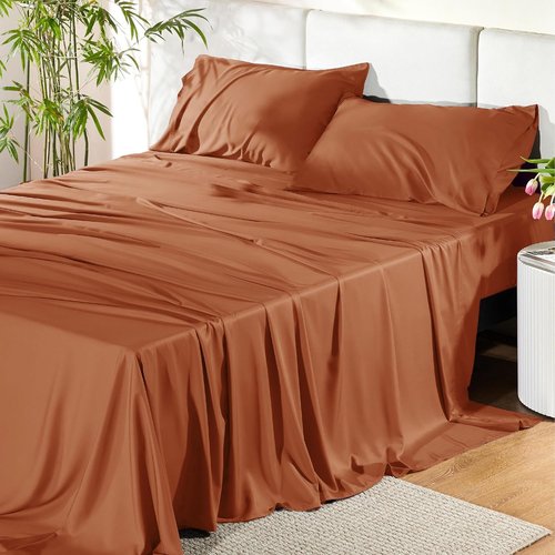 Bedsure Queen Sheet Set - Cooling Rayon Bamboo Sheets | Breathable & Soft, Deep Pocket Up to 16 Inches, Burnt Orange