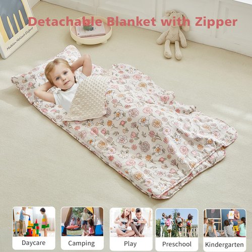 Floral Toddler Nap Mat with Zipper,Detachable Minky Blanket and Removable Pillow,Soft Slumber Bags for Girls,Kids Sleeping Bag for Daycare Preschool Kindergarten,Flower Toddler Sleeping Mat - Pink