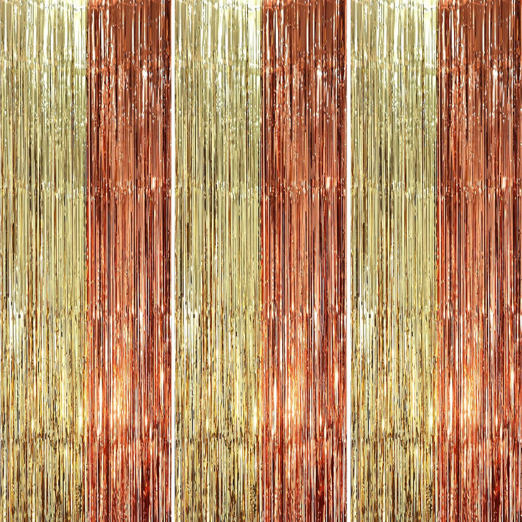 Voircoloria Foil Fringe Backdrop Curtains - 3 Pack of 3.3 x 8.2 ft Rose & Champion Tinsel Streamers for Parties