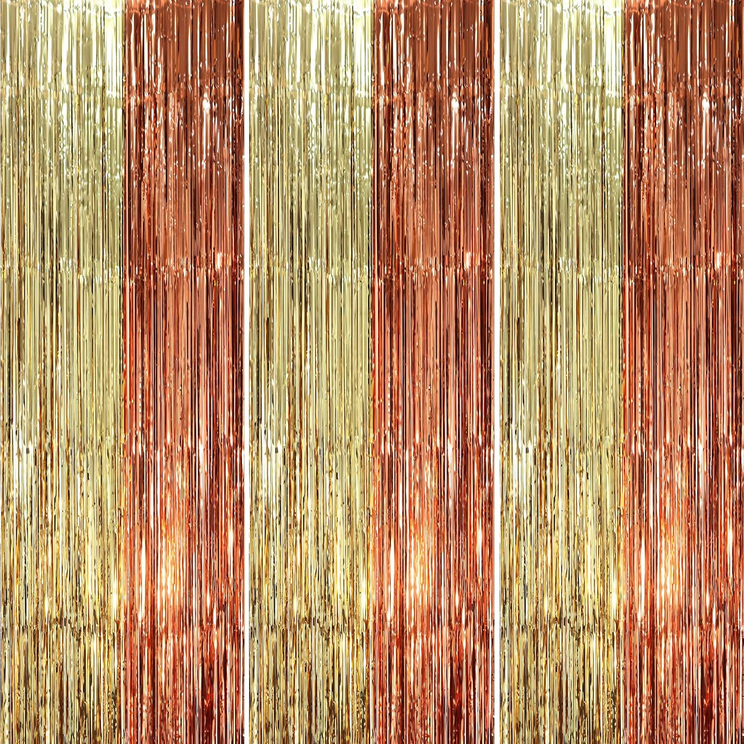 Voircoloria Foil Fringe Backdrop Curtains - 3 Pack of 3.3 x 8.2 ft Rose & Champion Tinsel Streamers for Parties