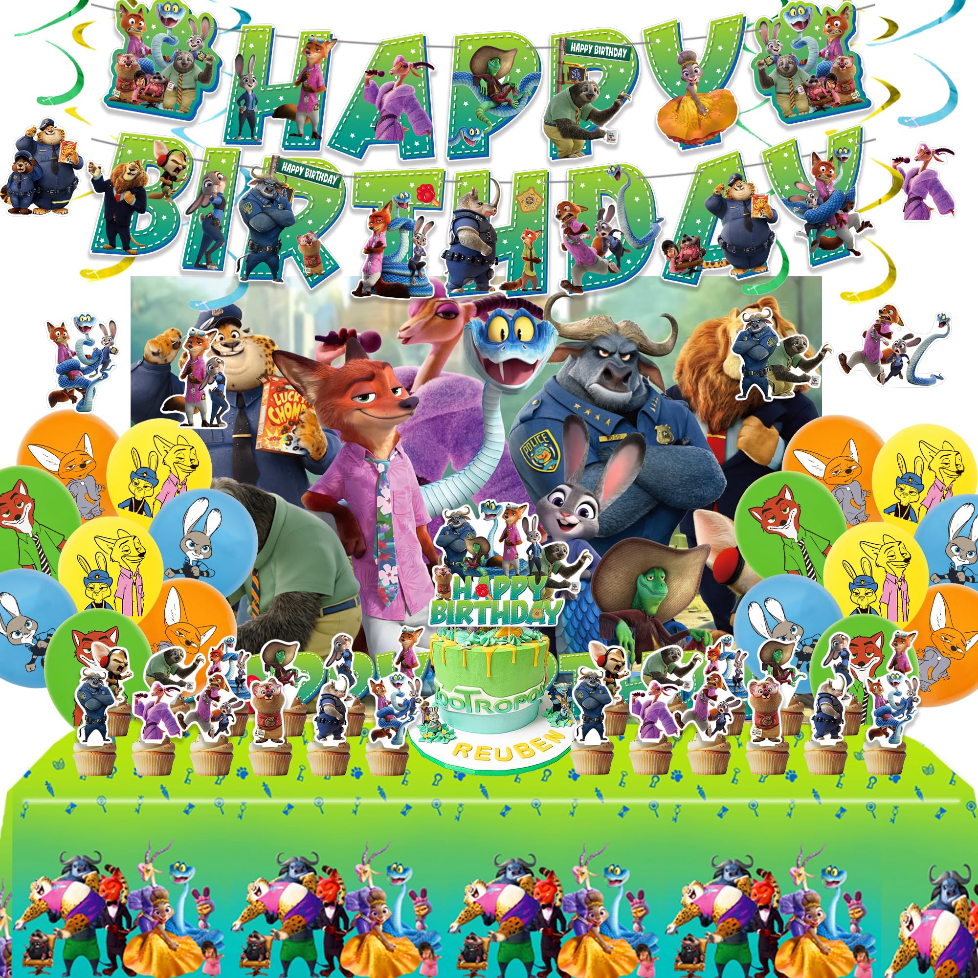 Birthday Party Decorations Set - 1 Backdrop (39" x 59"), 1 Big Topper, 1 Tablecloth, 15 Birthday Banner, 24 Cupcake Toppers, 16 Balloons, 6 Hanging Swirls - JungleThemed Game Celebration