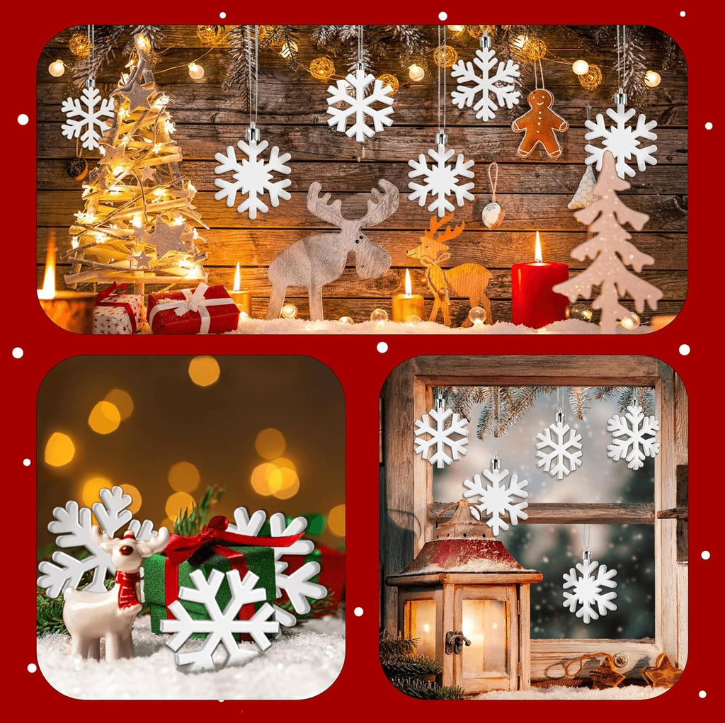 Skiennix 24 Pcs Snowflake Hanging Ornaments - White Plastic Decorations for Christmas Trees & Winter Parties