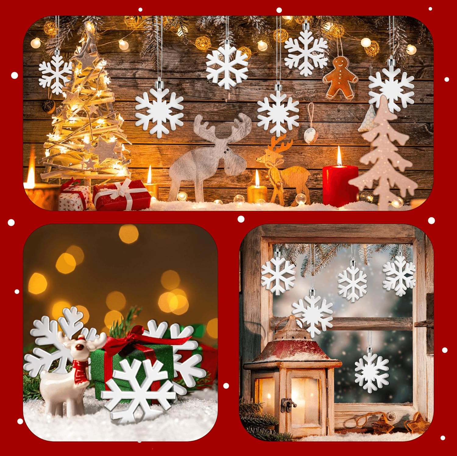 Skiennix 24 Pcs Snowflake Hanging Ornaments - White Plastic Decorations for Christmas Trees & Winter Parties