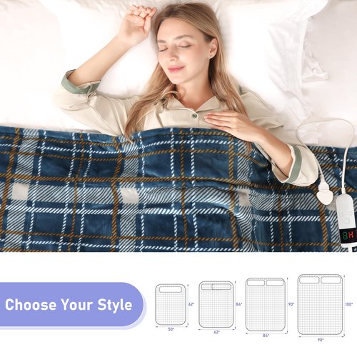 Electric Blanket Heated Throw, Soft Flannel 50"x60" Plaid Heating Blanket with 8 Hours Auto Off 10 Fast Heating Levels Machine Washable Sherpa Heated Blanket with Overheating Protection