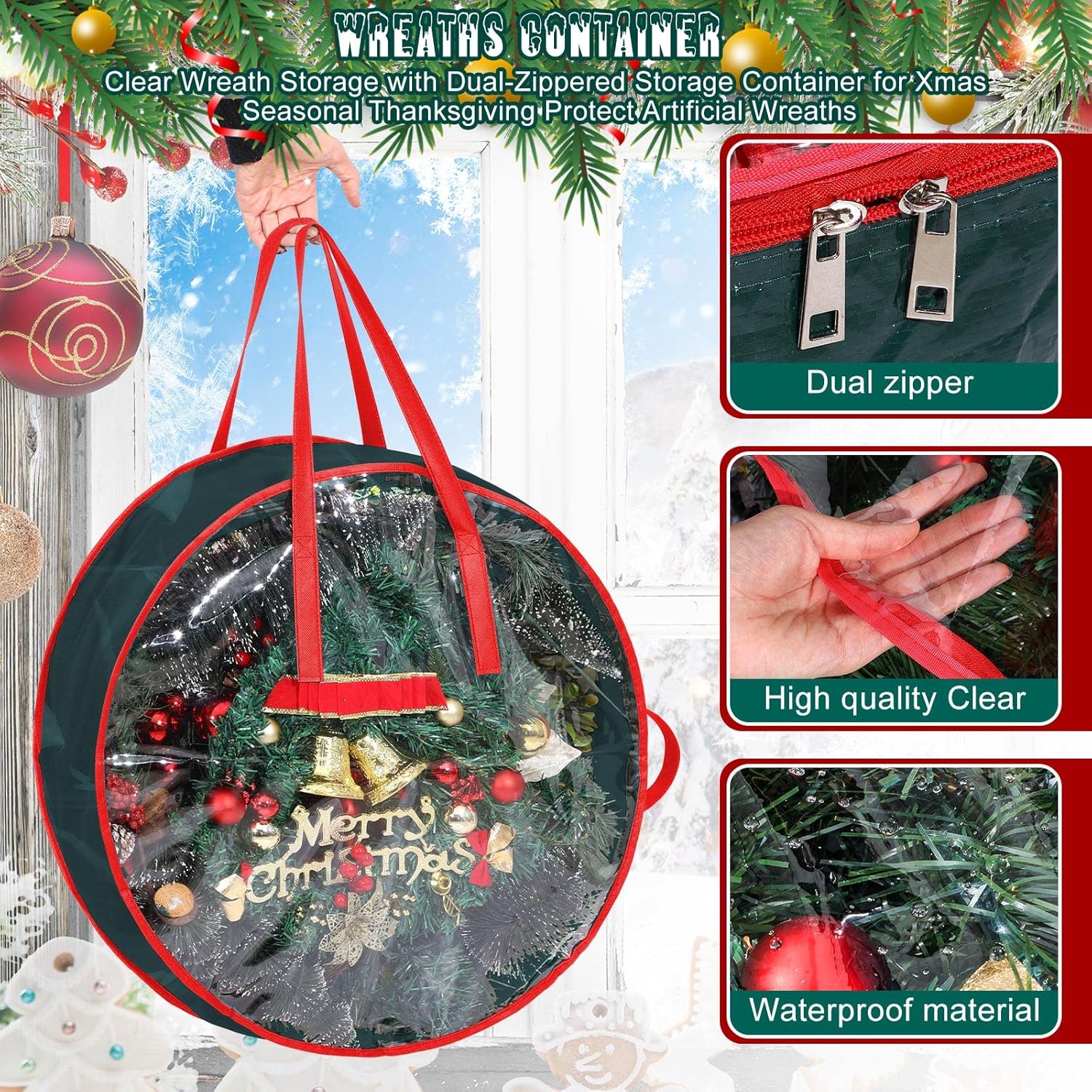 Shappy Christmas Wreath Storage Bag - Clear Window Plaid Container with Handles | 30 x 7 Inch, Green