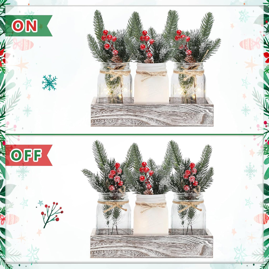 Skiennix Winter Mason Jar Centerpiece - LED Lights & Artificial Plants | Set of 3 Farmhouse Decor