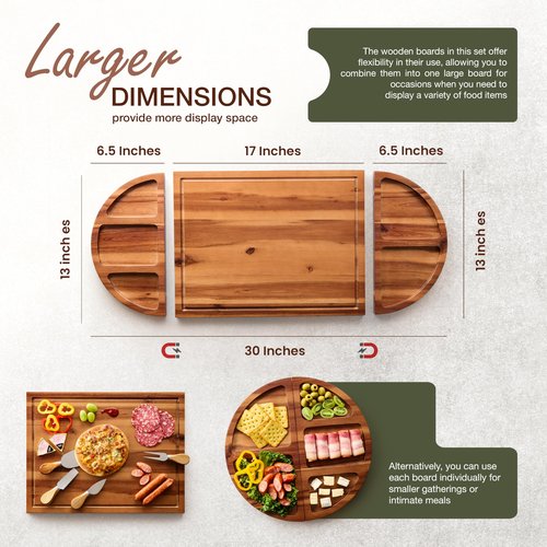 TIDITA 30 inch Large Acacia Wood Charcuterie Board with 4 Knives Set, Magnetic - 3 Parts Wooden Round Tray for Cheese - Long Appetizer Board for Serving Food Platter Cracker Snack