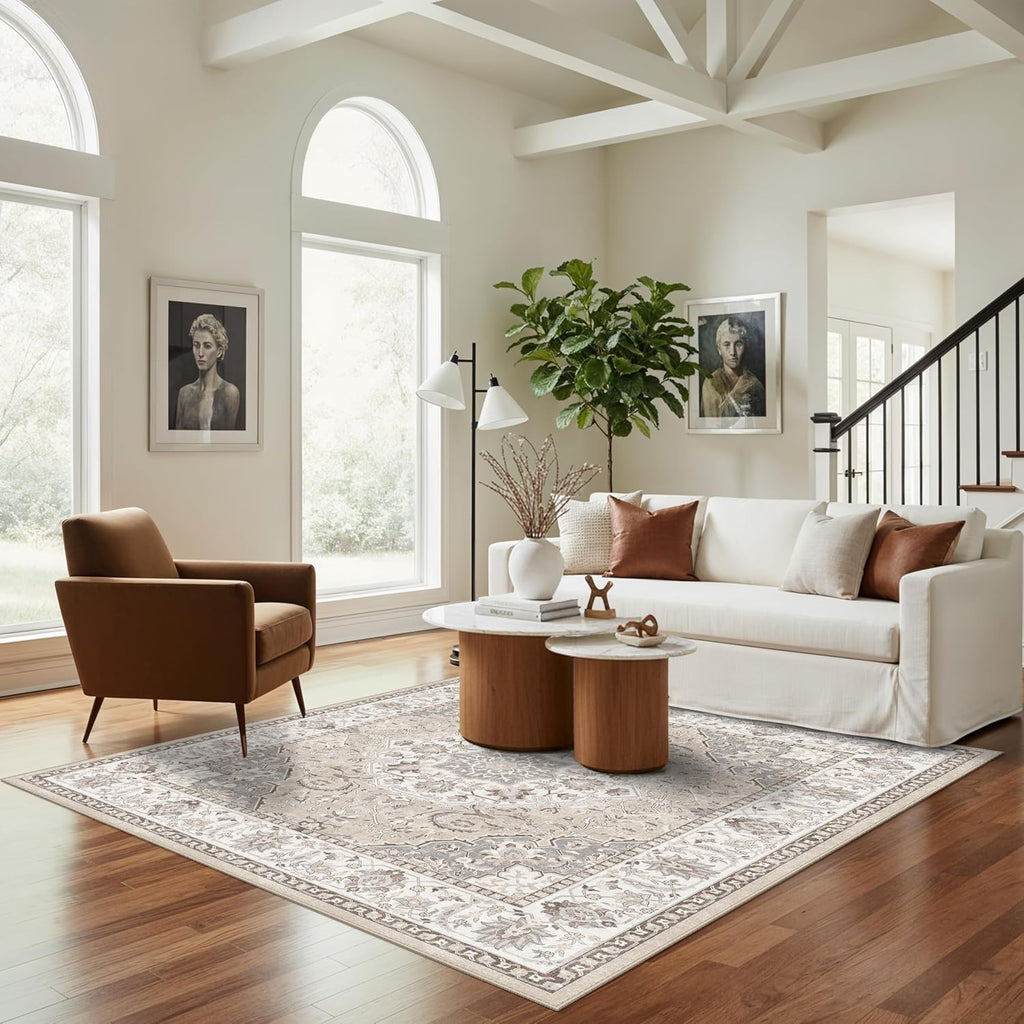 Skiennix 6ft Square Area Rug - Washable Oriental Design | Non-Slip, Water-Resistant, Beige 6x6 Carpet