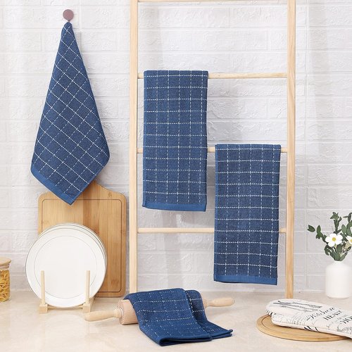Homaxy 100% Cotton Terry Kitchen Towels - Soft & Super Absorbent Checkered Design | Navy Blue, 13 x 28 Inches, 4 Pack