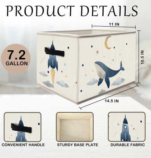FDHSPAAM Outer Space Rocket Whale Nursery Storage Bins Box with Handles, Cosmic Galaxy Planet Star Moon Collapsible Fabric Storage Basket Box Organizer for Bedroom Bathroom Clothes Toys Books