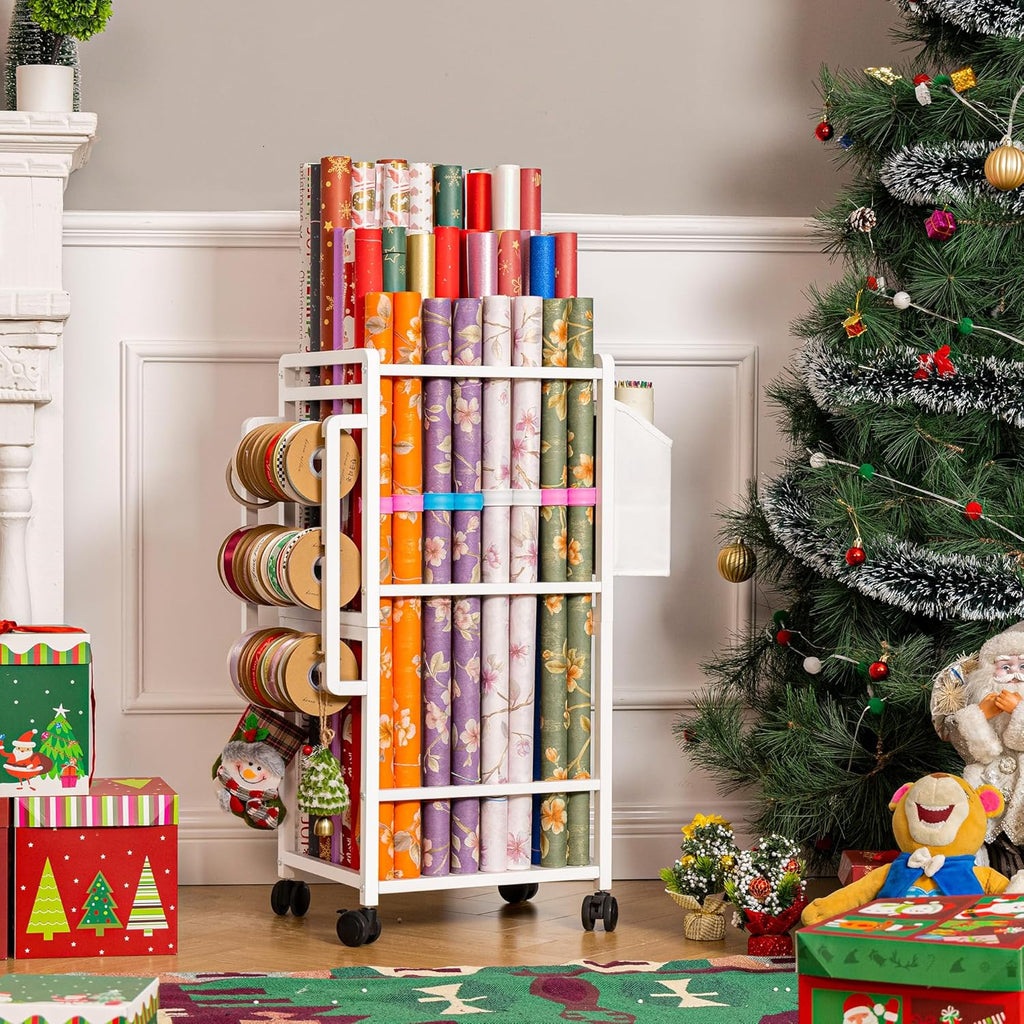 Aquzee Gift Wrapping Paper Organizer - Vertical Storage Cart with Adjustable Rod & Ribbon Holders | 12 PCS Slap Bracelets, White