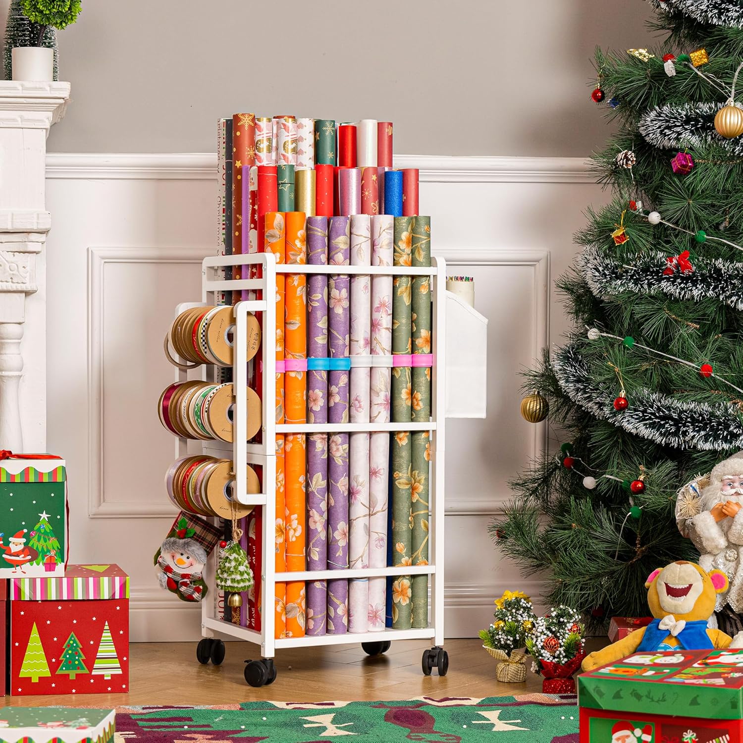 Aquzee Gift Wrapping Paper Organizer - Vertical Storage Cart with Adjustable Rod & Ribbon Holders | 12 PCS Slap Bracelets, White