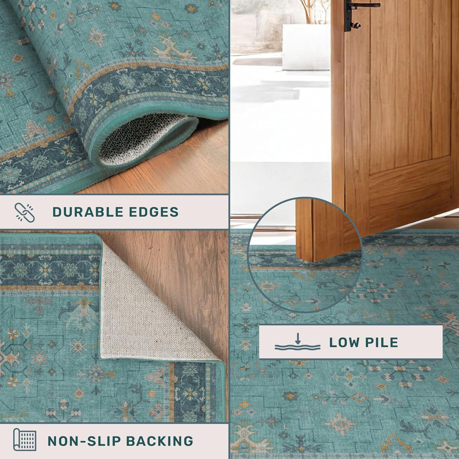Boho 2x10 Extra Long Runner Rug - Machine Washable, Stain Resistant, Non-Slip Rubber Backing, Teal
