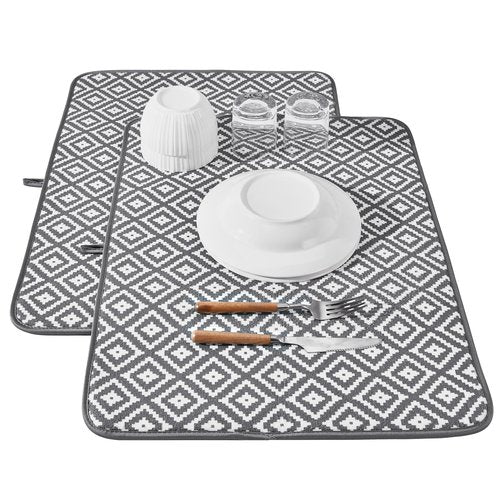 Subekyu 2 Pack Dish Drying Mat, 24*18 inch Ultra Absorbent Microfiber Dishes Drainer Mats for Kitchen Counter, Large Size Dish Drying Pad with Rhombus patterns