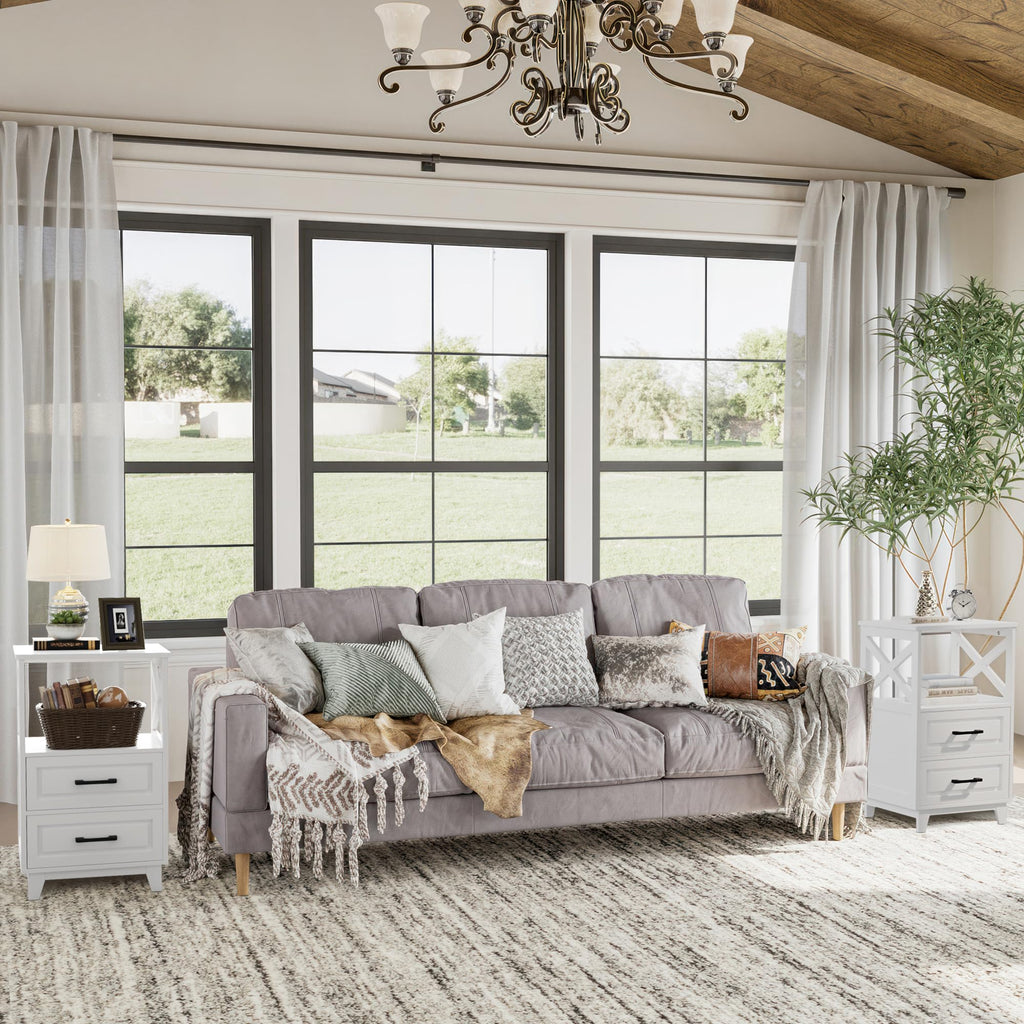 May in Color White Nightstand Set of 2, Tall Side Table, Farmhouse End Table with 2 Large Storage Drawers Cabinet, Wooden Rustic Bedside End Table for Bedroom, Home Office, White