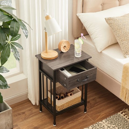 VECELO Nightstands, Industrial Side/End Tables with Drawer and Storage Shelf, Night Stands for Bedroom, Living Room, Wood Metal Furniture, Easy Assembly, 1 Pack, Grey