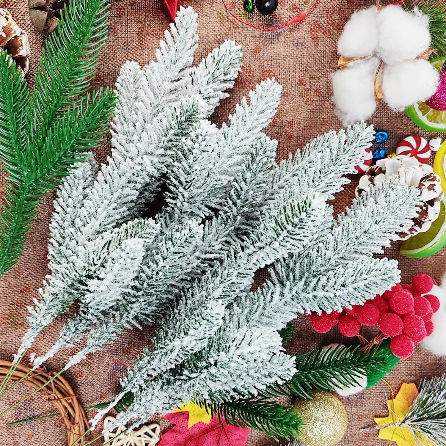 NSBELL Artificial Flocking Pine Picks - 20PCS 11.8-Inch Christmas Greenery for Wreaths & Holiday Decor