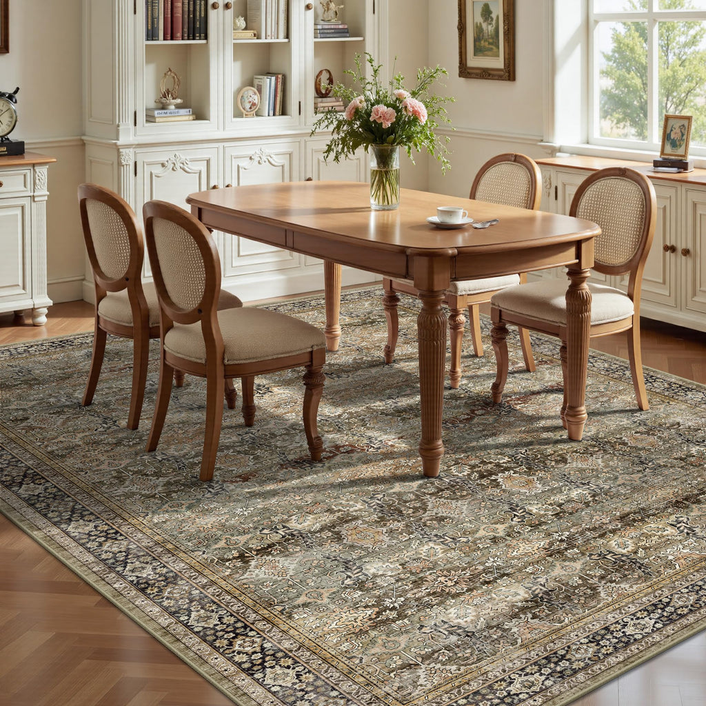 Yarooge 8x10 Area Rugs for Living Room - Washable Vintage Retro Large Rug, Soft Ultra Thin Non Slip Low Pile Traditional Distressed Boho Carpet for Bedroom Dining Room Home Office, Charcoal Olive