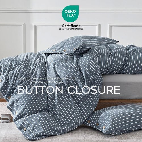 JELLYMONI Queen Size Washed Cotton Duvet Cover - Breathable Blue Striped Bedding Set with Button Closure | 1 Duvet Cover & 2 Pillowcases