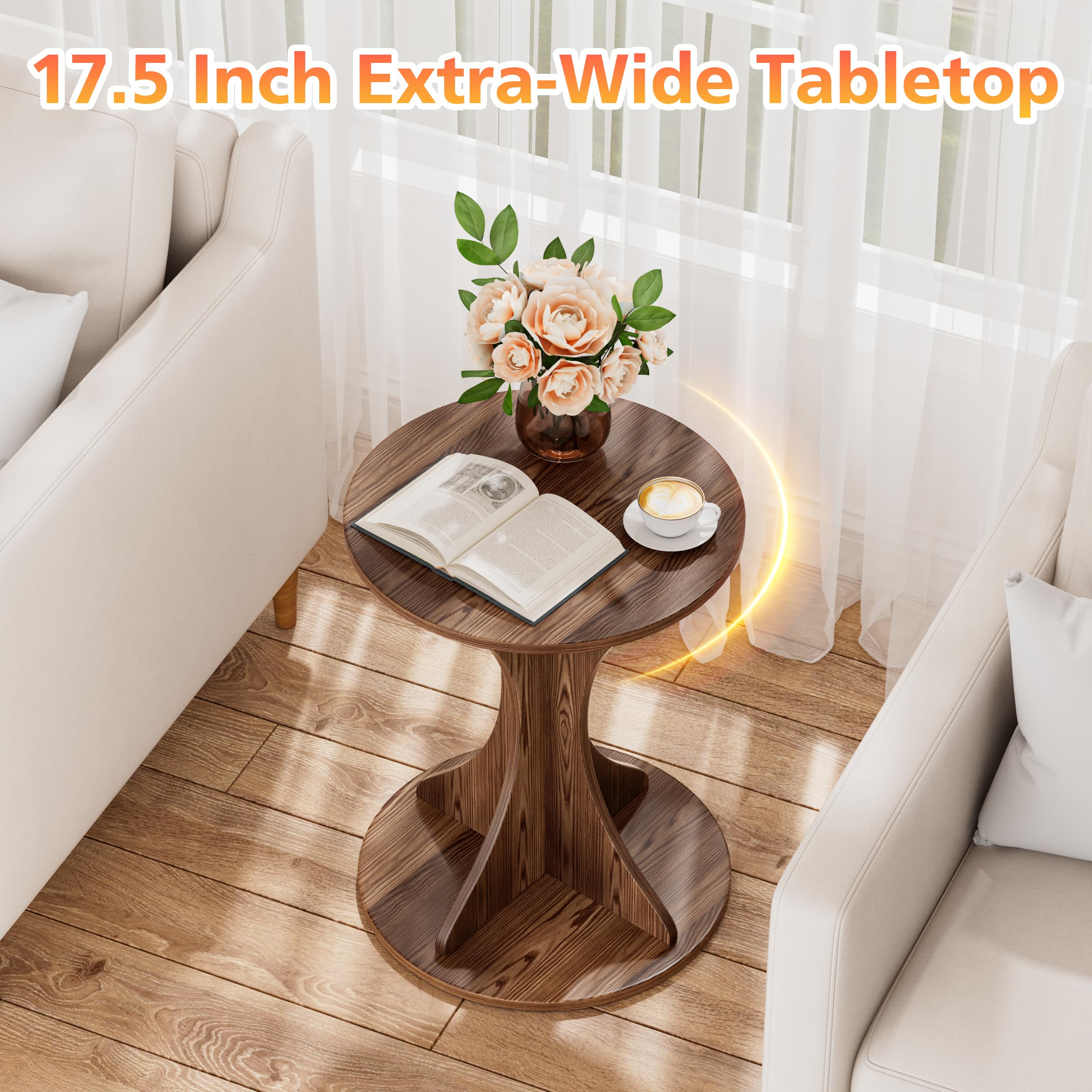 Round Side End Table - Wood Accent Coffee Table for Living Room, Modern Circle Nightstand with Pedestal for Small Spaces Bedroom Sofa, Vintage Corner Couch Bedside Table (Rustic Brown)