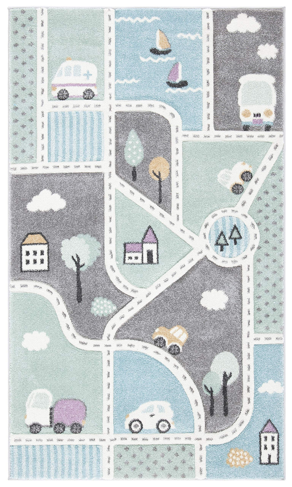 SAFAVIEH Carousel Kids Collection Accent Rug - 2' x 3', Grey & Light Blue, Non-Shedding & Easy Care, Ideal for High Traffic Areas for Boys & Girls in Playroom, Nursery, Bedroom (CRK193F)