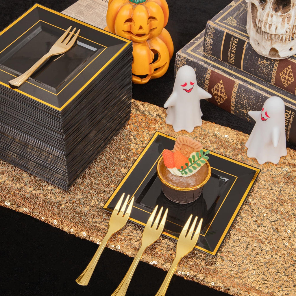 WDF 200PCS Black and Gold Plastic Dessert Plates with Plastic Forks -6’’ 100 Square Disposable Appetizer Plates Small Plate Cake Plate with Gold Rim for Wedding/Party/Birthday/Graduation